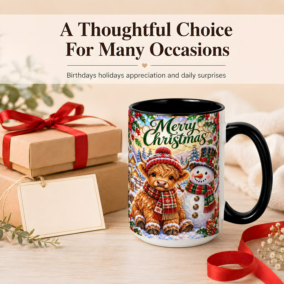 #pl[15oz|Black] Merry Christmas Cow Coffee Mug, Snowman Mug, Ceramic Cup