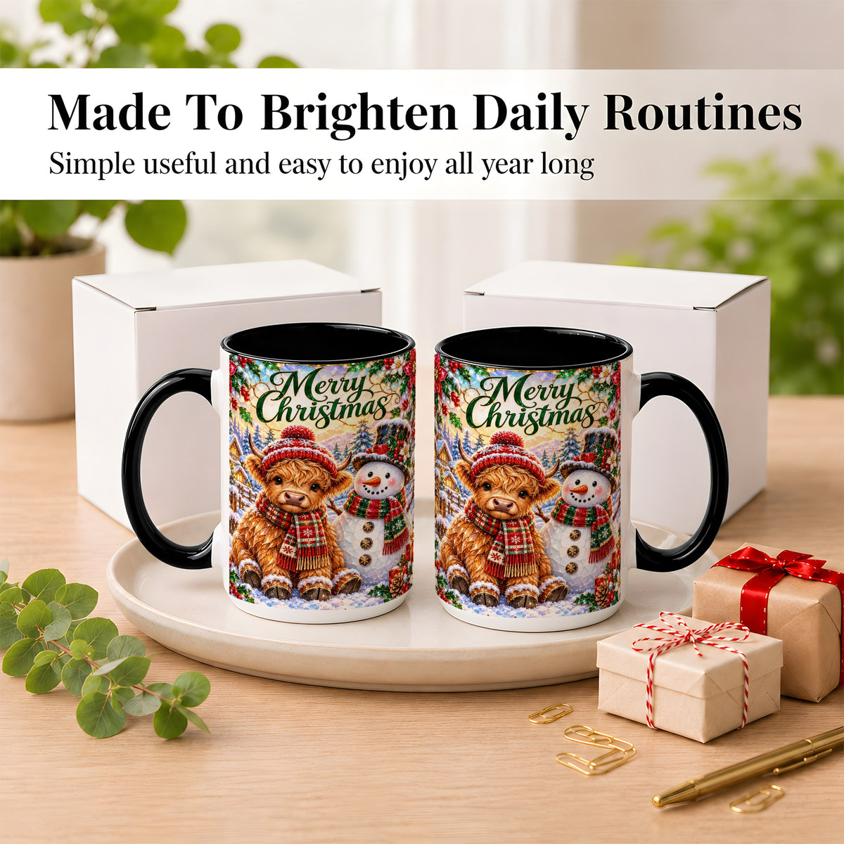 #pl[15oz|Black] Merry Christmas Cow Coffee Mug, Snowman Mug, Ceramic Cup