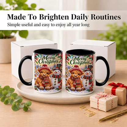 #pl[15oz|Black] Merry Christmas Cow Coffee Mug, Snowman Mug, Ceramic Cup