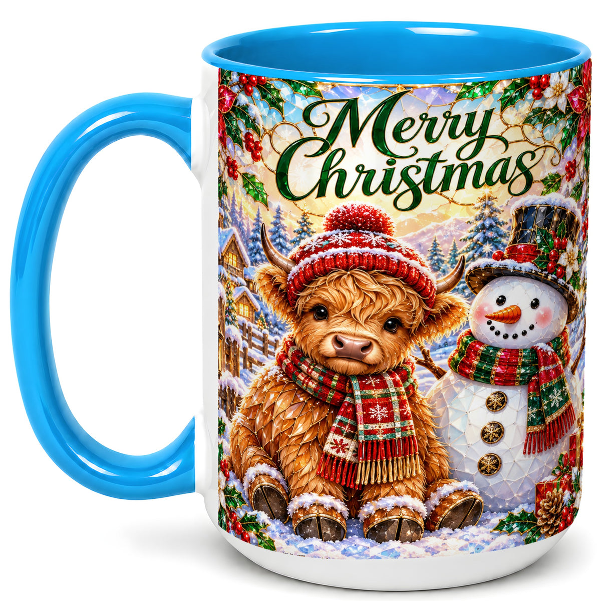 #pl[15oz|Blue] Merry Christmas Cow Coffee Mug, Snowman Mug, Ceramic Cup