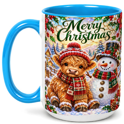 #pl[15oz|Blue] Merry Christmas Cow Coffee Mug, Snowman Mug, Ceramic Cup