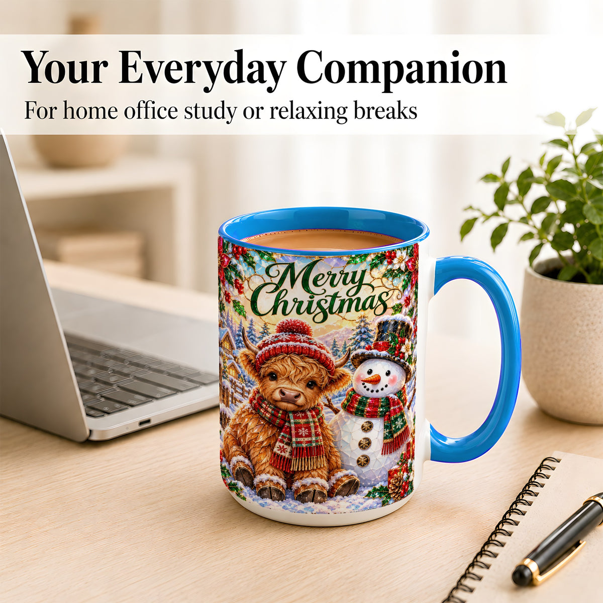 #pl[15oz|Blue] Merry Christmas Cow Coffee Mug, Snowman Mug, Ceramic Cup