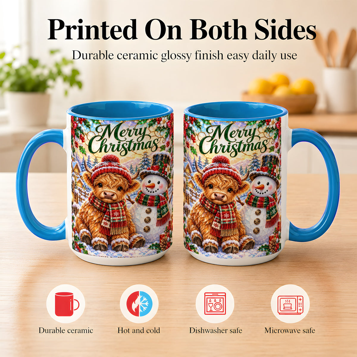 #pl[15oz|Blue] Merry Christmas Cow Coffee Mug, Snowman Mug, Ceramic Cup