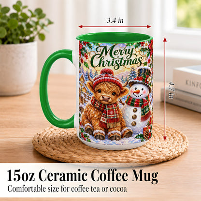 #pl[15oz|Green] Merry Christmas Cow Coffee Mug, Snowman Mug, Ceramic Cup