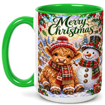 #pl[15oz|Green] Merry Christmas Cow Coffee Mug, Snowman Mug, Ceramic Cup