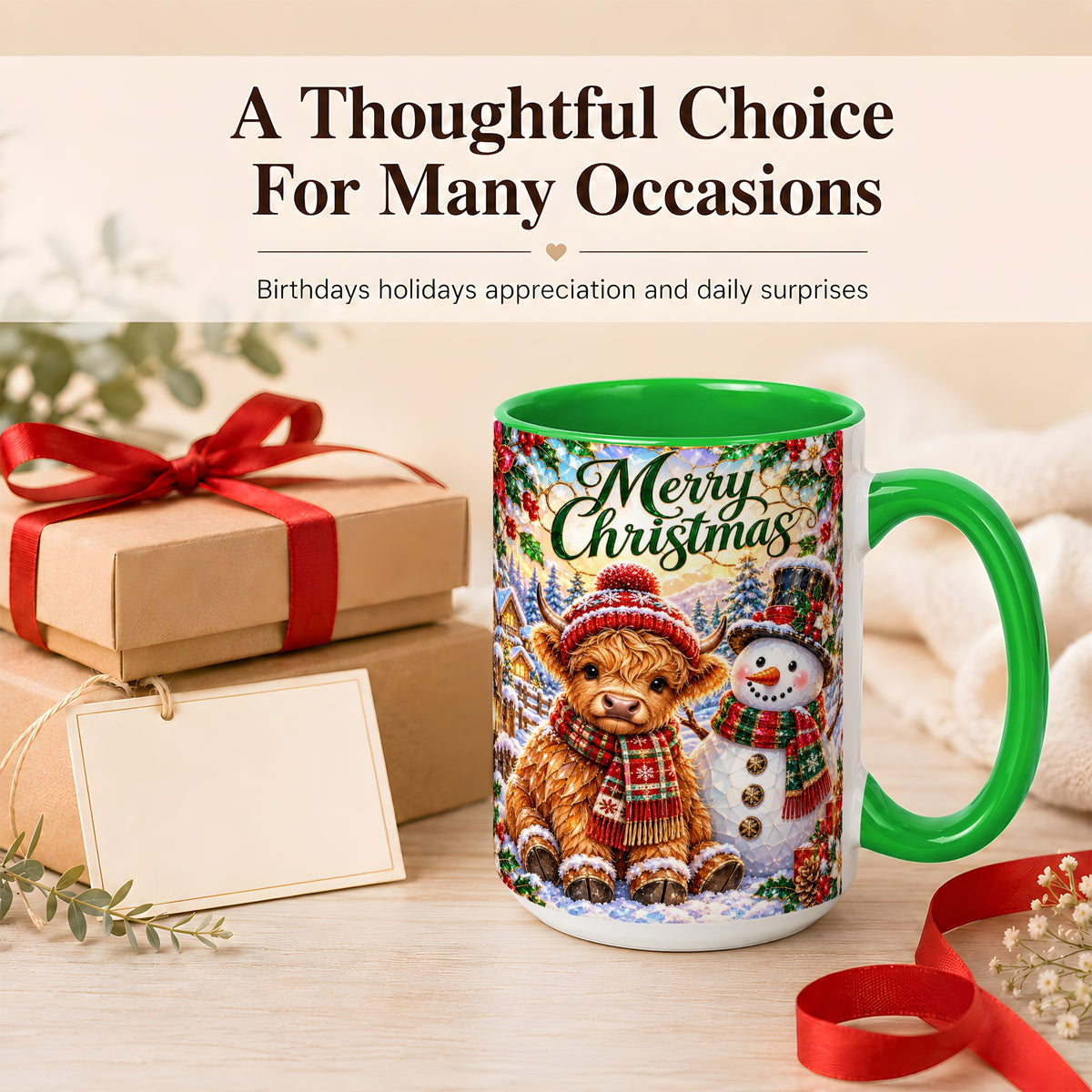 #pl[15oz|Green] Merry Christmas Cow Coffee Mug, Snowman Mug, Ceramic Cup