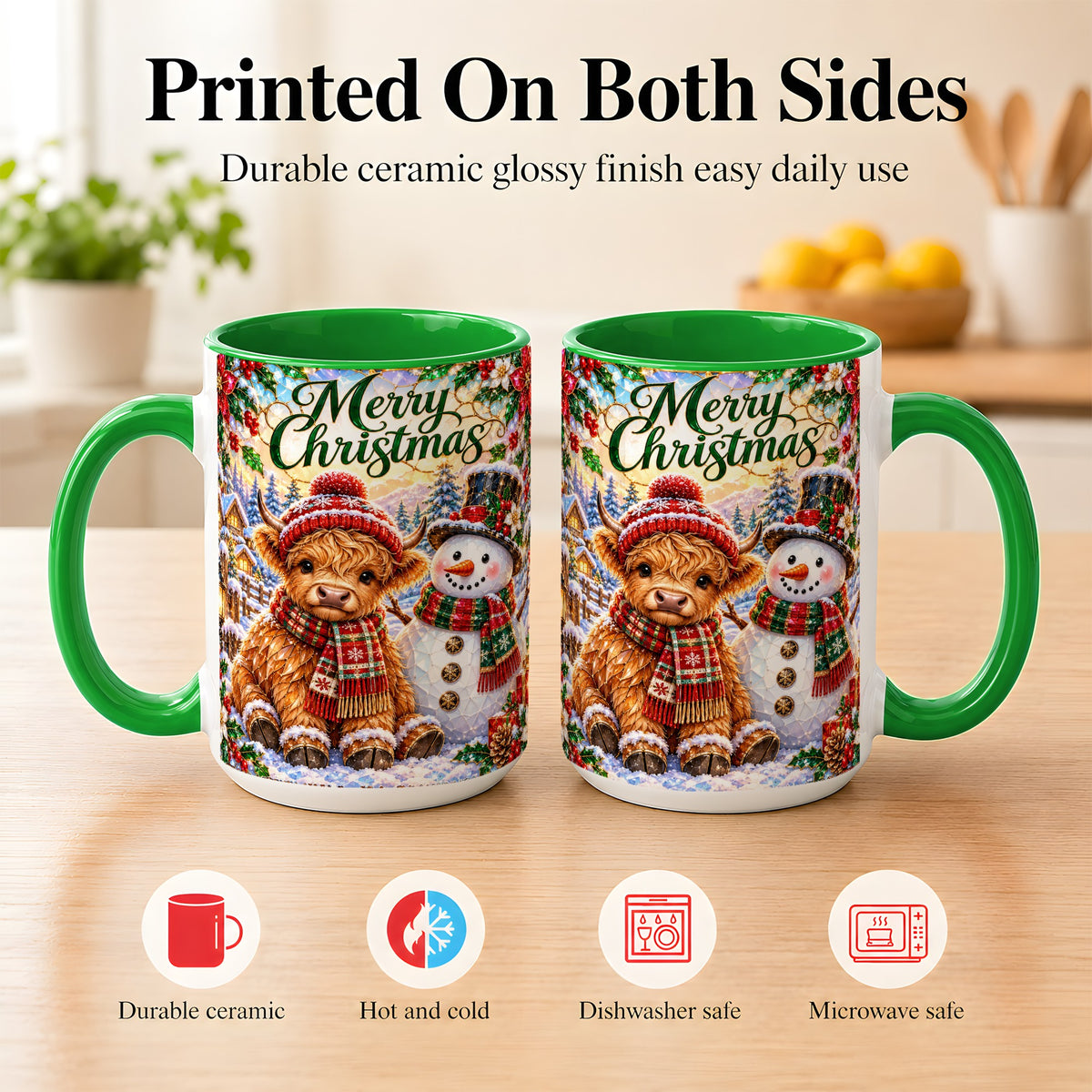 #pl[15oz|Green] Merry Christmas Cow Coffee Mug, Snowman Mug, Ceramic Cup
