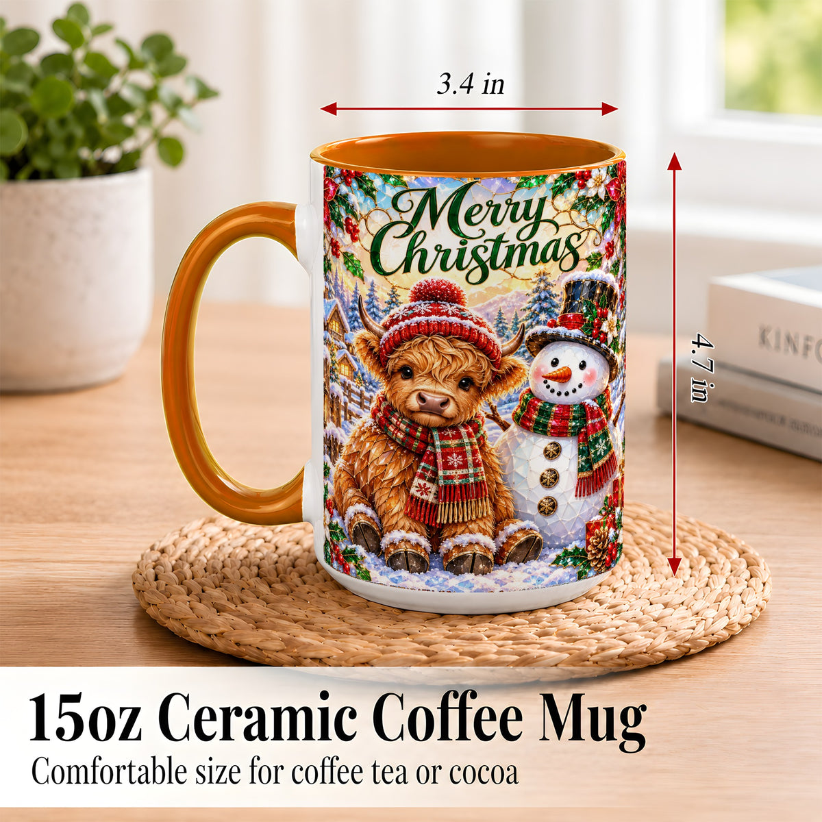 #pl[15oz|Orange] Merry Christmas Cow Coffee Mug, Snowman Mug, Ceramic Cup