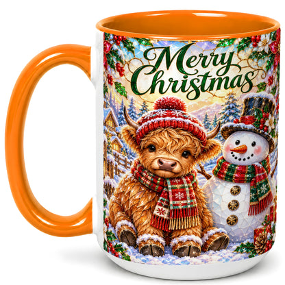 #pl[15oz|Orange] Merry Christmas Cow Coffee Mug, Snowman Mug, Ceramic Cup