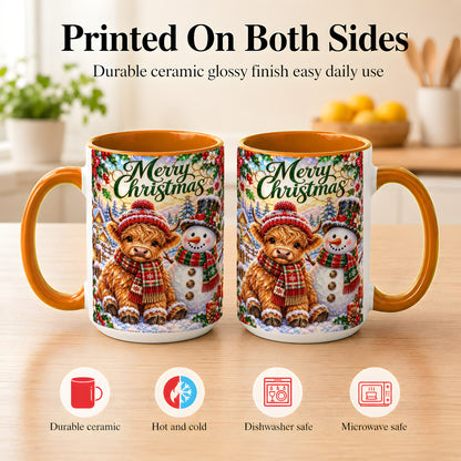 #pl[15oz|Orange] Merry Christmas Cow Coffee Mug, Snowman Mug, Ceramic Cup