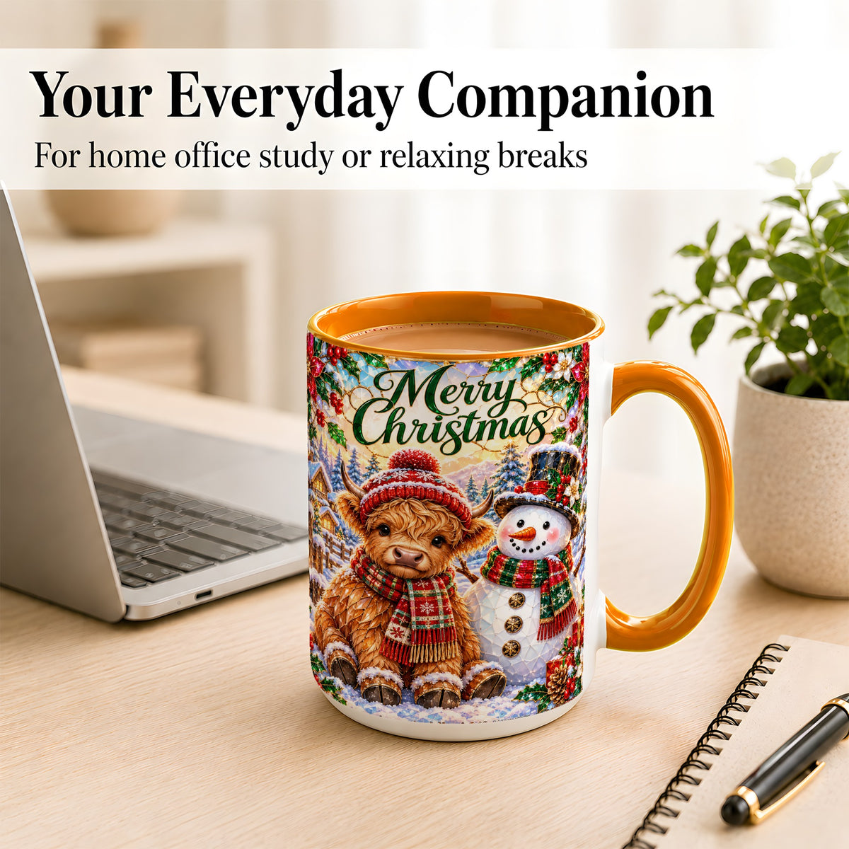 #pl[15oz|Orange] Merry Christmas Cow Coffee Mug, Snowman Mug, Ceramic Cup