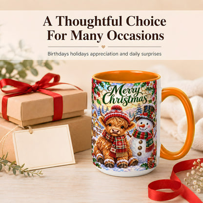 #pl[15oz|Orange] Merry Christmas Cow Coffee Mug, Snowman Mug, Ceramic Cup