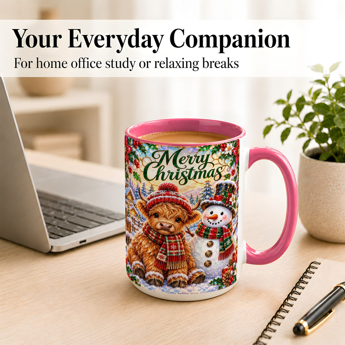 #pl[15oz|Pink] Merry Christmas Cow Coffee Mug, Snowman Mug, Ceramic Cup