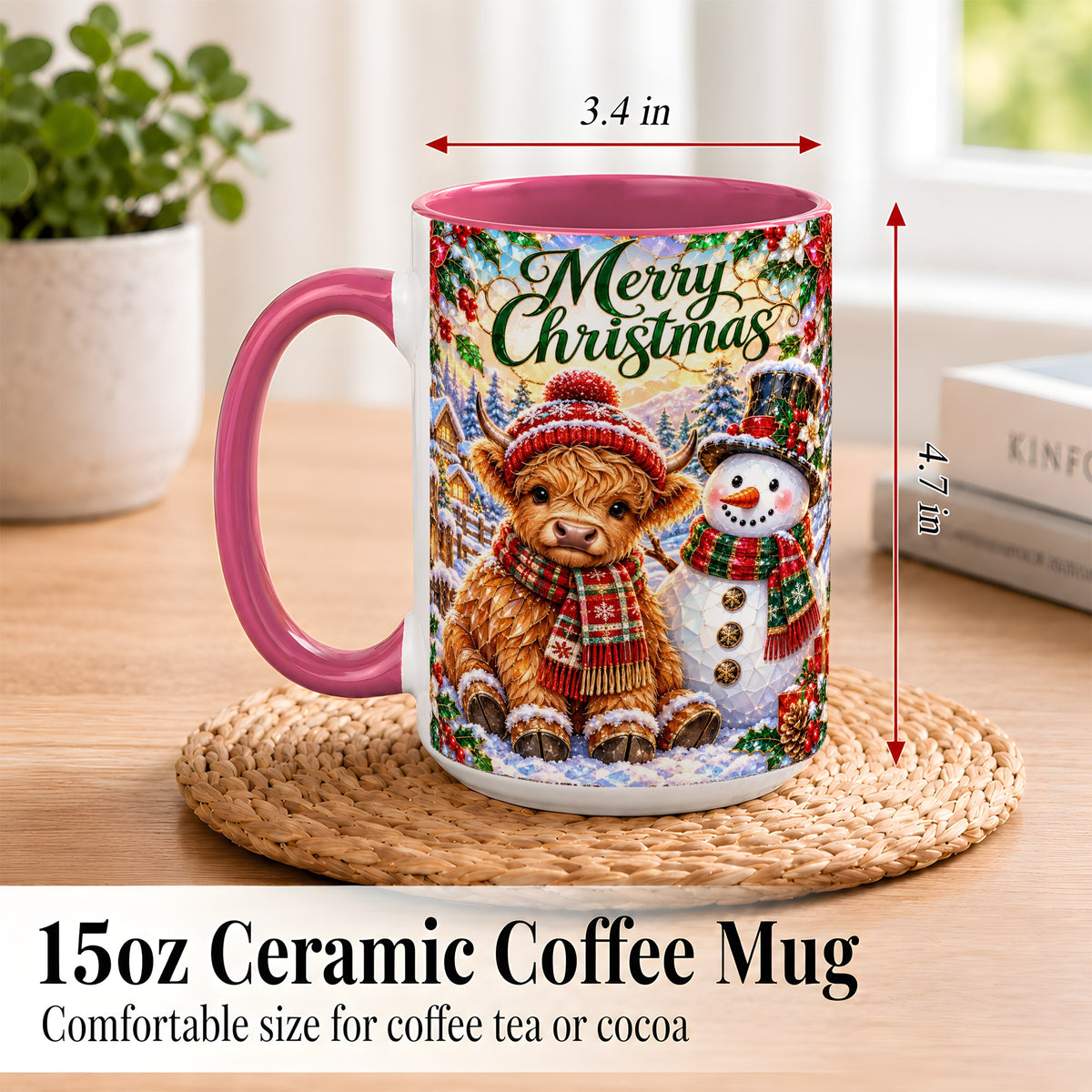 #pl[15oz|Pink] Merry Christmas Cow Coffee Mug, Snowman Mug, Ceramic Cup