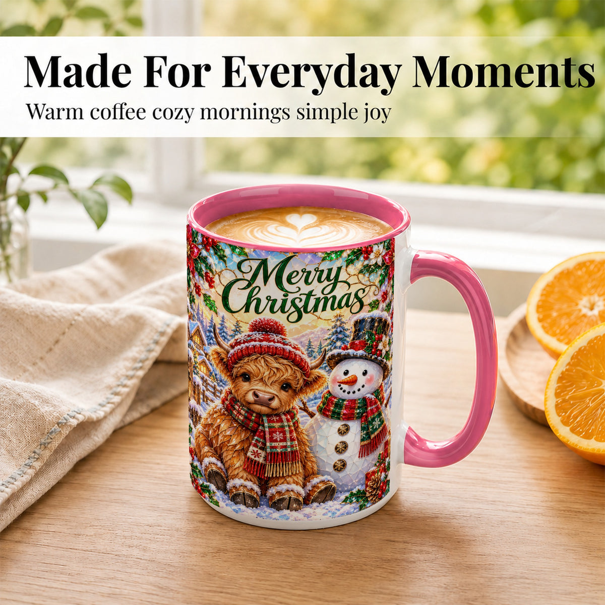 #pl[15oz|Pink] Merry Christmas Cow Coffee Mug, Snowman Mug, Ceramic Cup