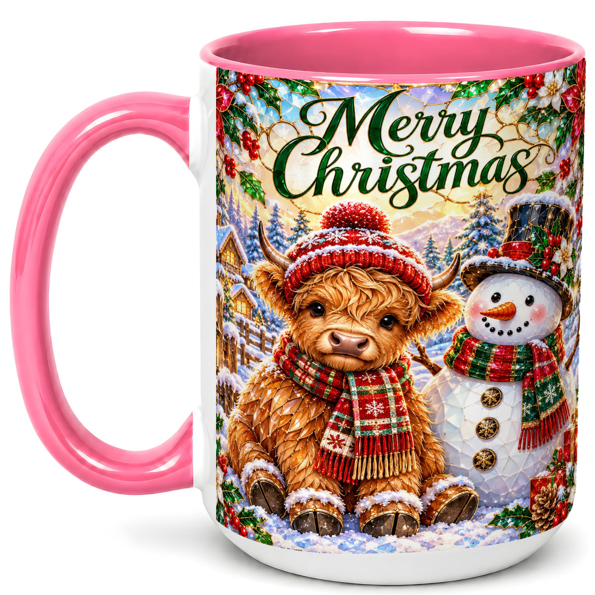 #pl[15oz|Pink] Merry Christmas Cow Coffee Mug, Snowman Mug, Ceramic Cup