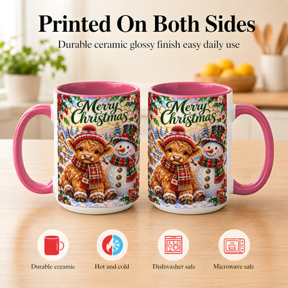 #pl[15oz|Pink] Merry Christmas Cow Coffee Mug, Snowman Mug, Ceramic Cup