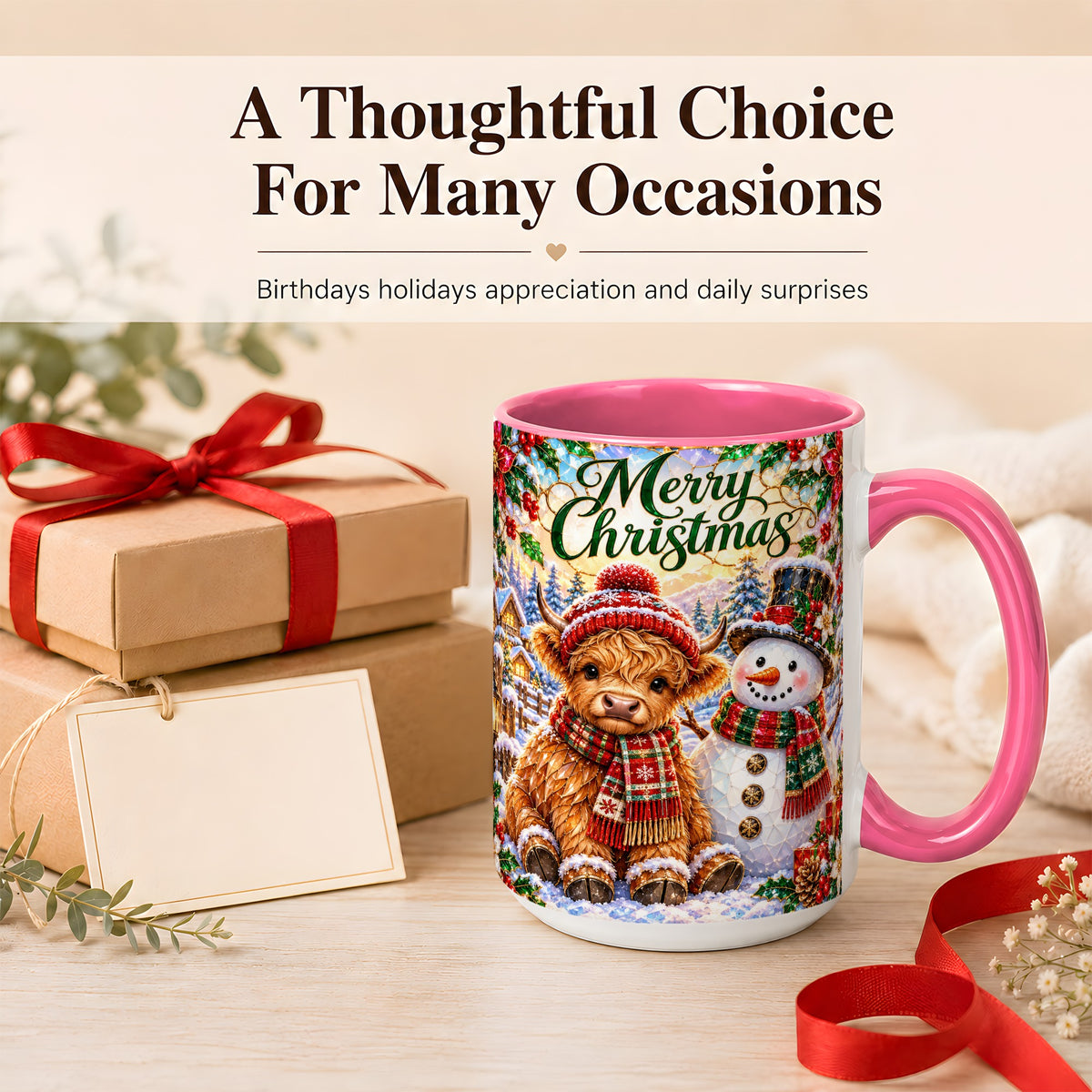 #pl[15oz|Pink] Merry Christmas Cow Coffee Mug, Snowman Mug, Ceramic Cup