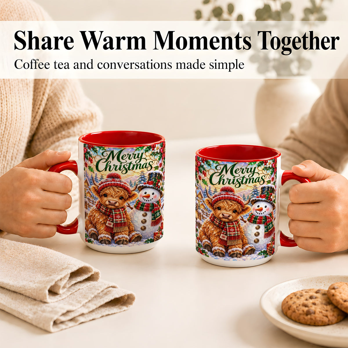 #pl[15oz|Red] Merry Christmas Cow Coffee Mug, Snowman Mug, Ceramic Cup