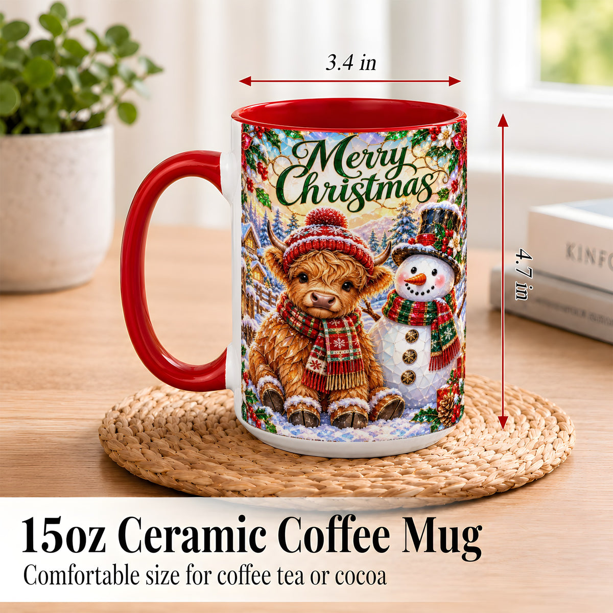#pl[15oz|Red] Merry Christmas Cow Coffee Mug, Snowman Mug, Ceramic Cup