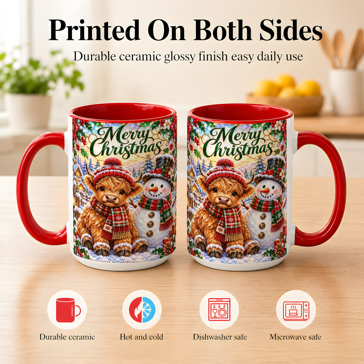 #pl[15oz|Red] Merry Christmas Cow Coffee Mug, Snowman Mug, Ceramic Cup