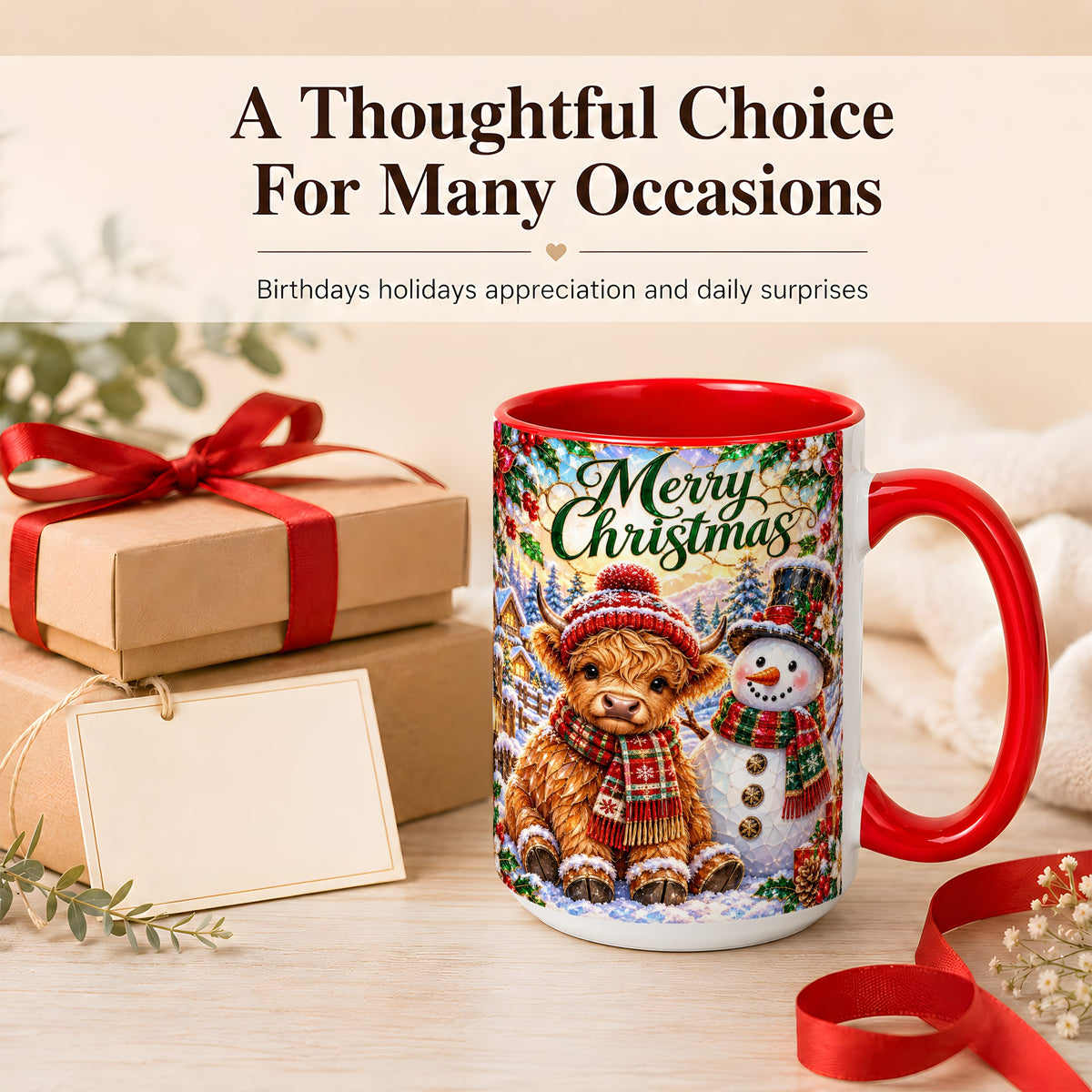 #pl[15oz|Red] Merry Christmas Cow Coffee Mug, Snowman Mug, Ceramic Cup