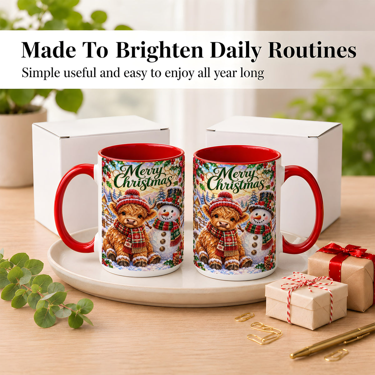 #pl[15oz|Red] Merry Christmas Cow Coffee Mug, Snowman Mug, Ceramic Cup