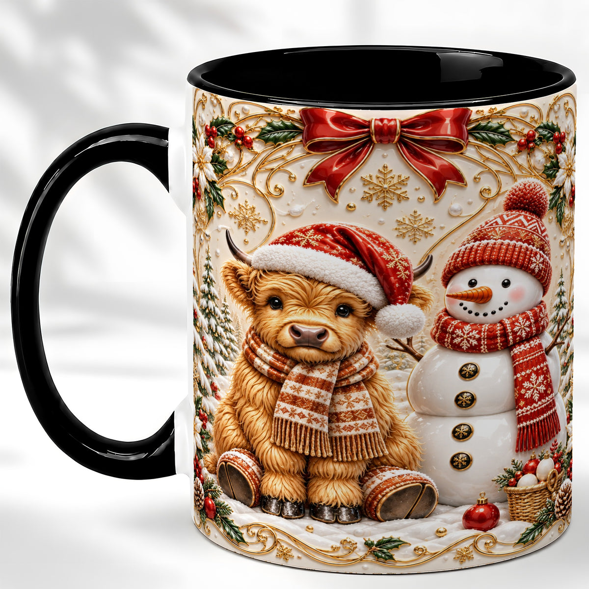 #pl[11oz|Black] Christmas Highland Cow Coffee Mug, Snowman Mug, Ceramic Cup