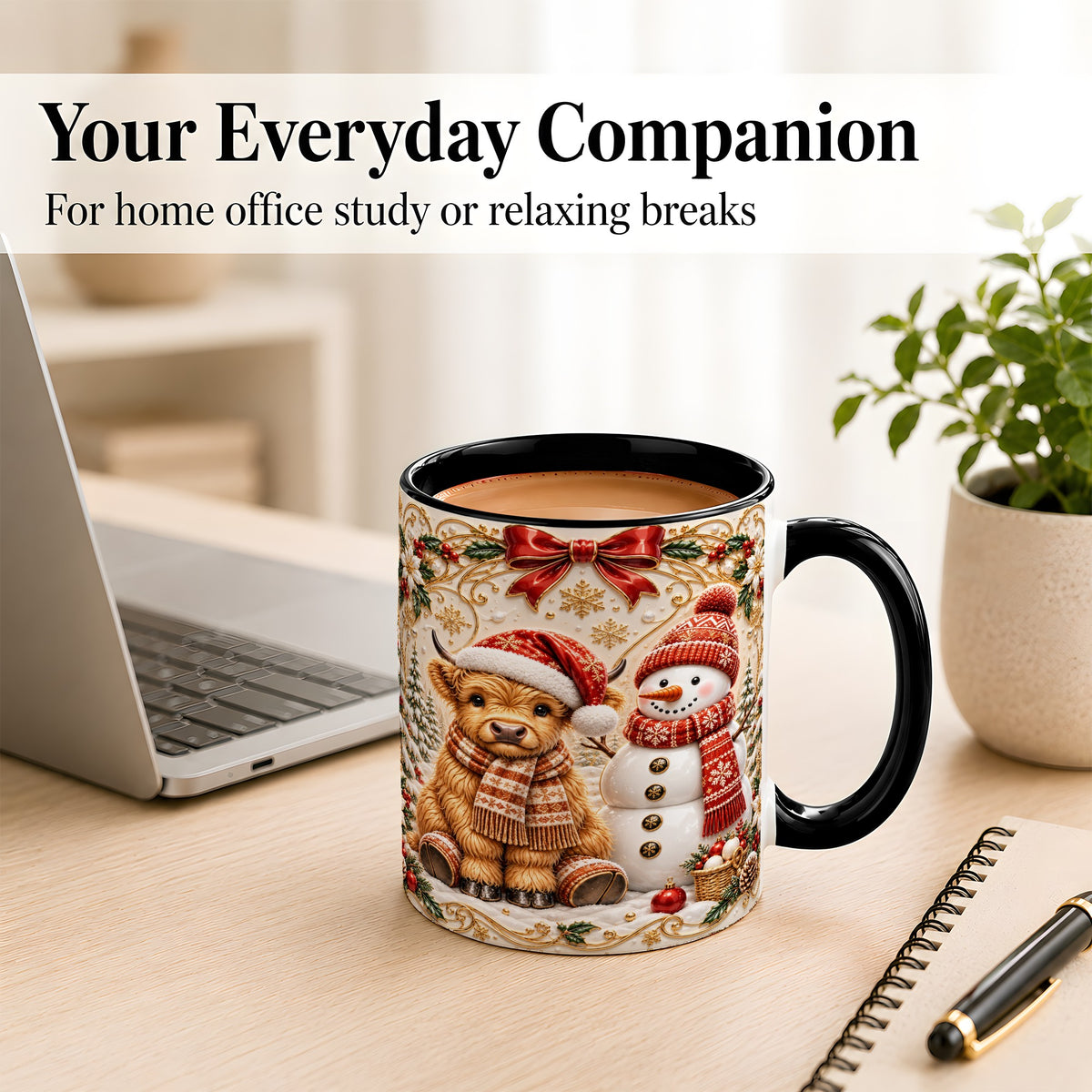 #pl[11oz|Black] Christmas Highland Cow Coffee Mug, Snowman Mug, Ceramic Cup