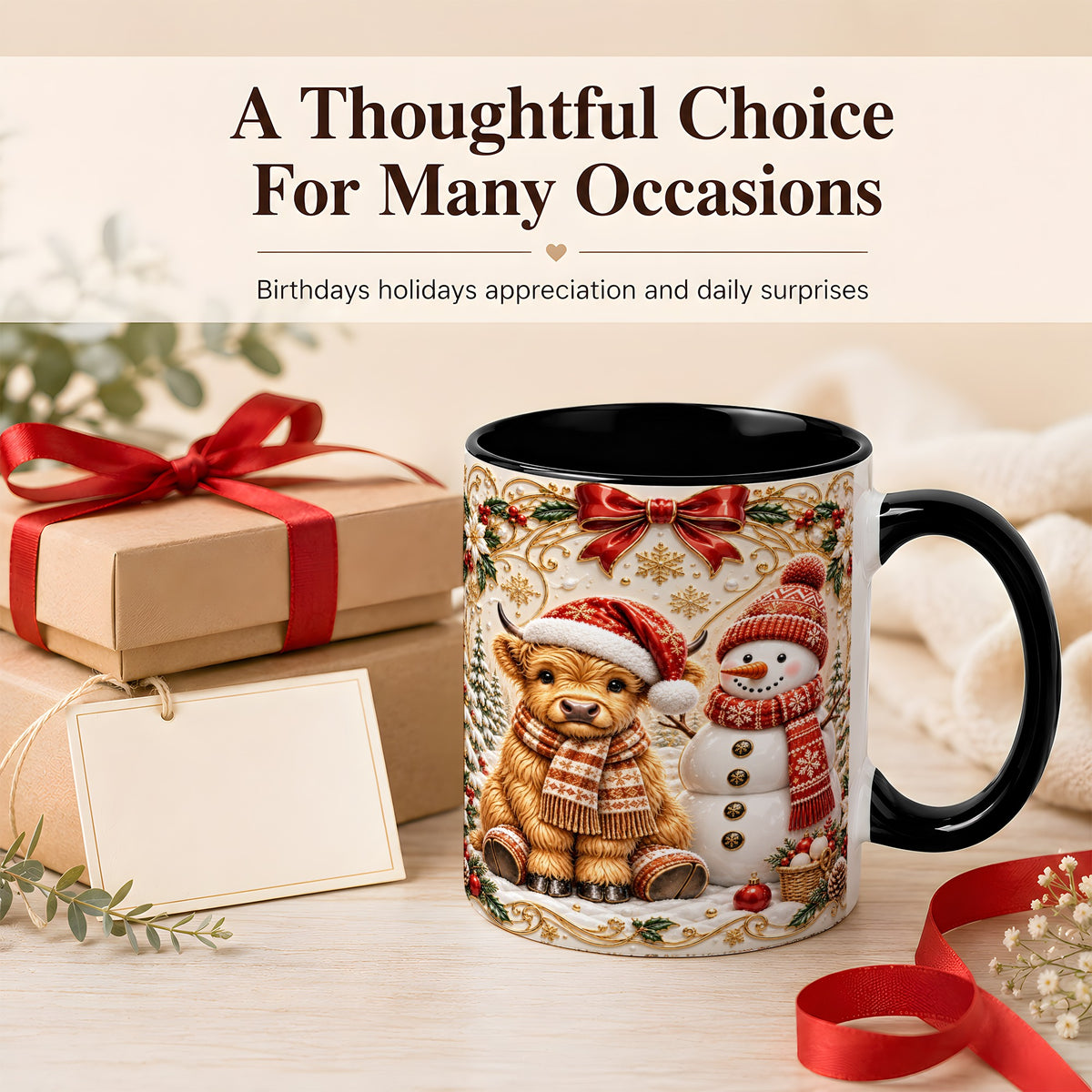#pl[11oz|Black] Christmas Highland Cow Coffee Mug, Snowman Mug, Ceramic Cup