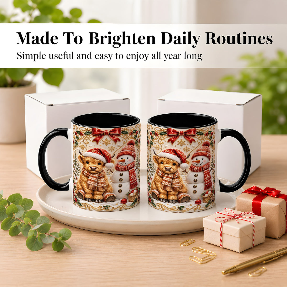 #pl[11oz|Black] Christmas Highland Cow Coffee Mug, Snowman Mug, Ceramic Cup