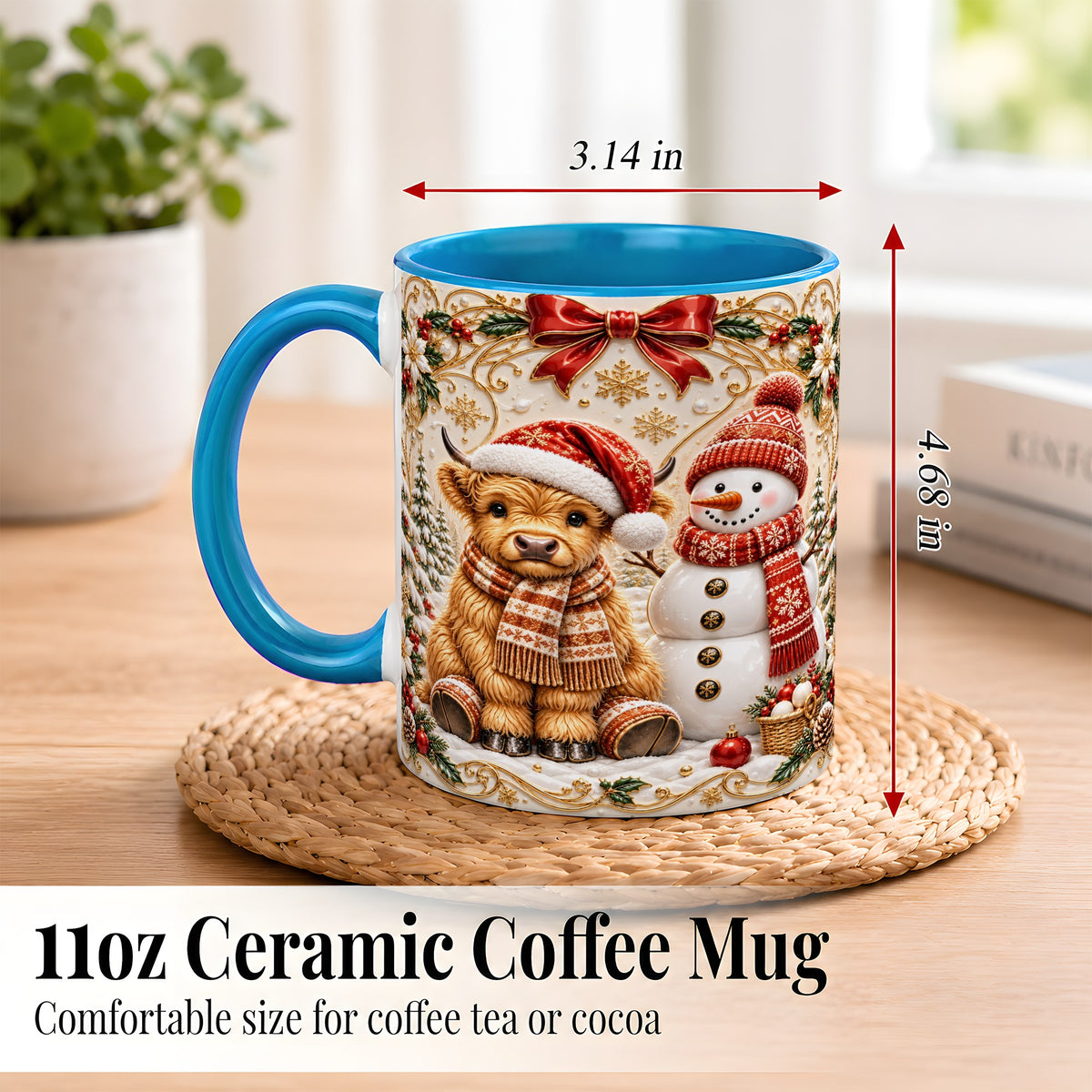 #pl[11oz|Blue] Christmas Highland Cow Coffee Mug, Snowman Mug, Ceramic Cup