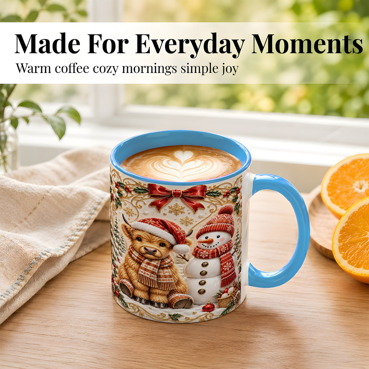 #pl[11oz|Blue] Christmas Highland Cow Coffee Mug, Snowman Mug, Ceramic Cup