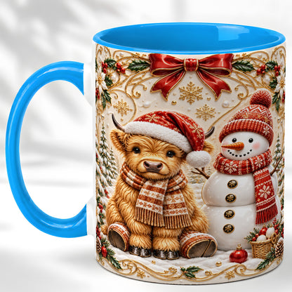 #pl[11oz|Blue] Christmas Highland Cow Coffee Mug, Snowman Mug, Ceramic Cup