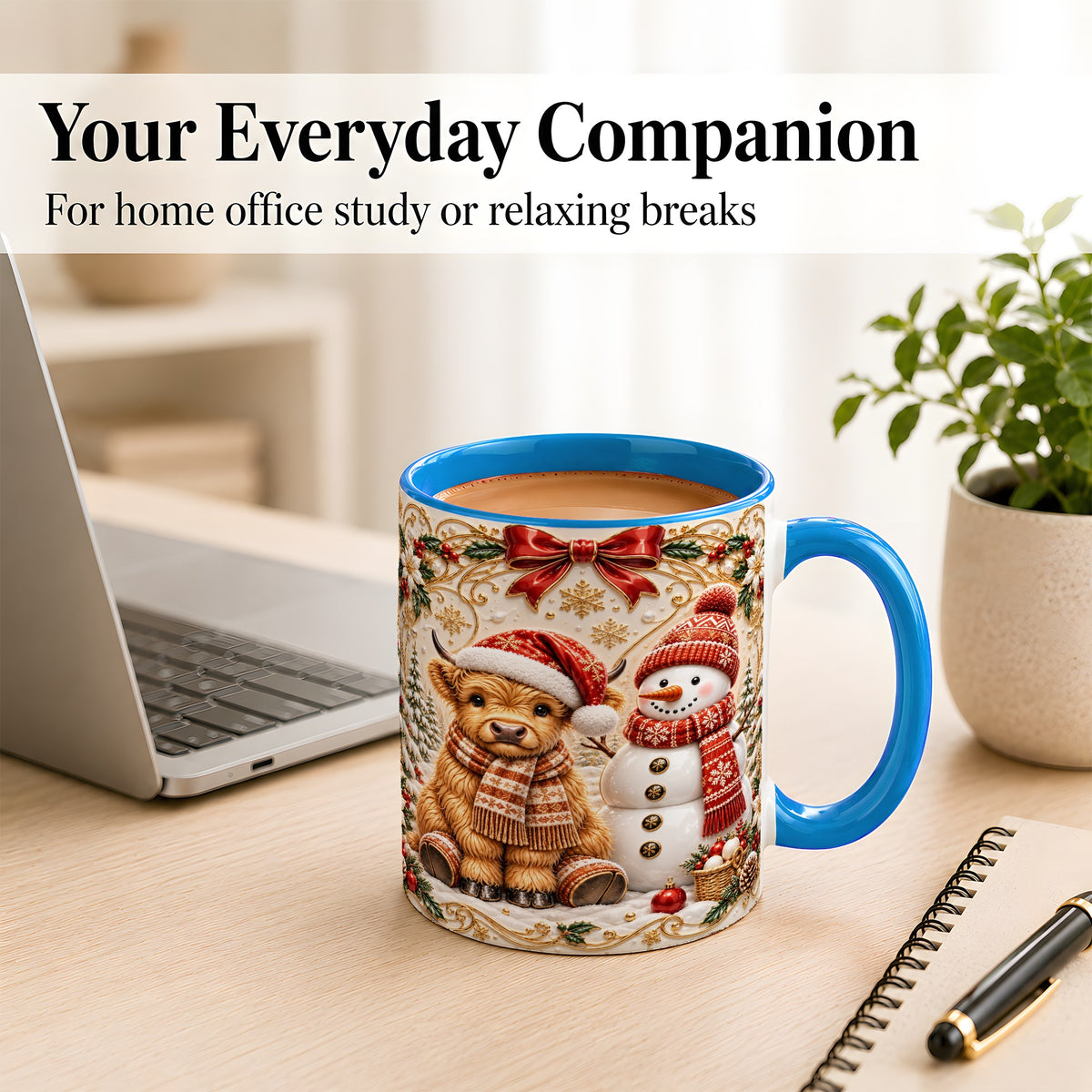 #pl[11oz|Blue] Christmas Highland Cow Coffee Mug, Snowman Mug, Ceramic Cup