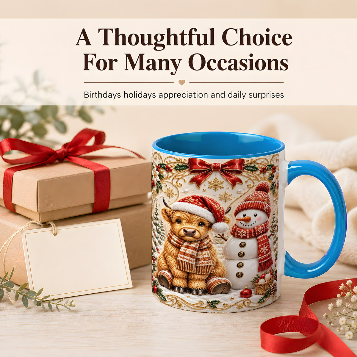#pl[11oz|Blue] Christmas Highland Cow Coffee Mug, Snowman Mug, Ceramic Cup