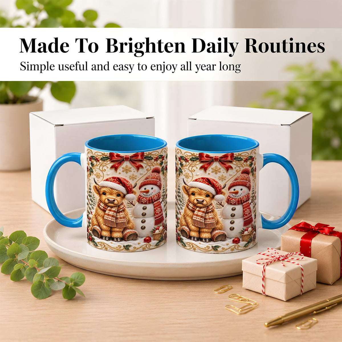 #pl[11oz|Blue] Christmas Highland Cow Coffee Mug, Snowman Mug, Ceramic Cup