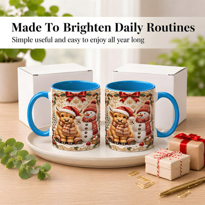 #pl[11oz|Blue] Christmas Highland Cow Coffee Mug, Snowman Mug, Ceramic Cup