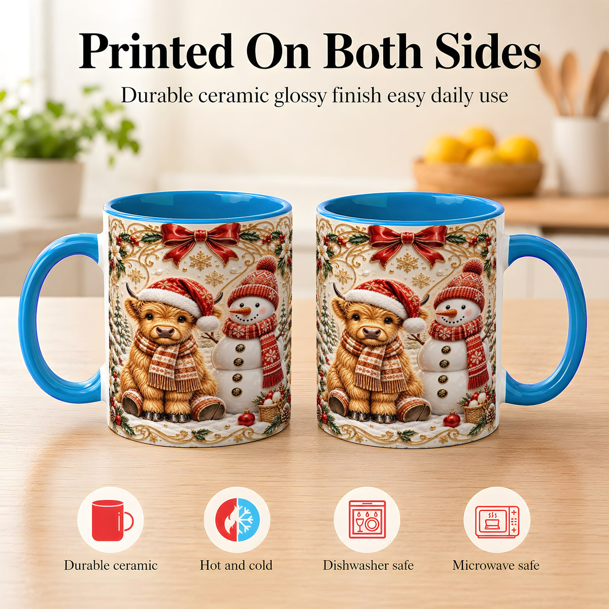#pl[11oz|Blue] Christmas Highland Cow Coffee Mug, Snowman Mug, Ceramic Cup