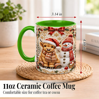 #pl[11oz|Green] Christmas Highland Cow Coffee Mug, Snowman Mug, Ceramic Cup