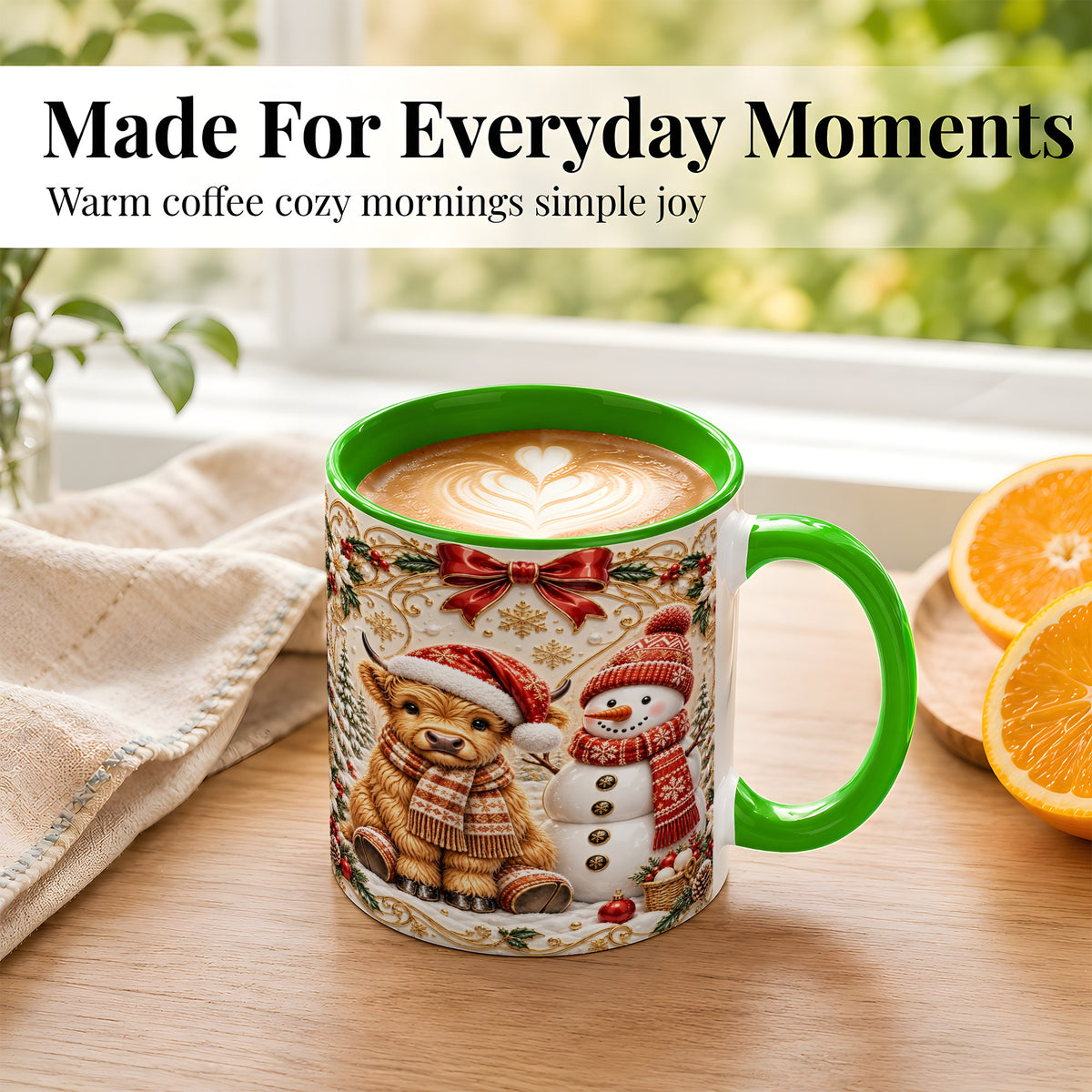 #pl[11oz|Green] Christmas Highland Cow Coffee Mug, Snowman Mug, Ceramic Cup