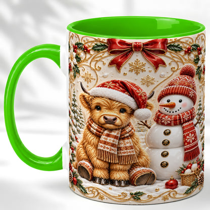 #pl[11oz|Green] Christmas Highland Cow Coffee Mug, Snowman Mug, Ceramic Cup