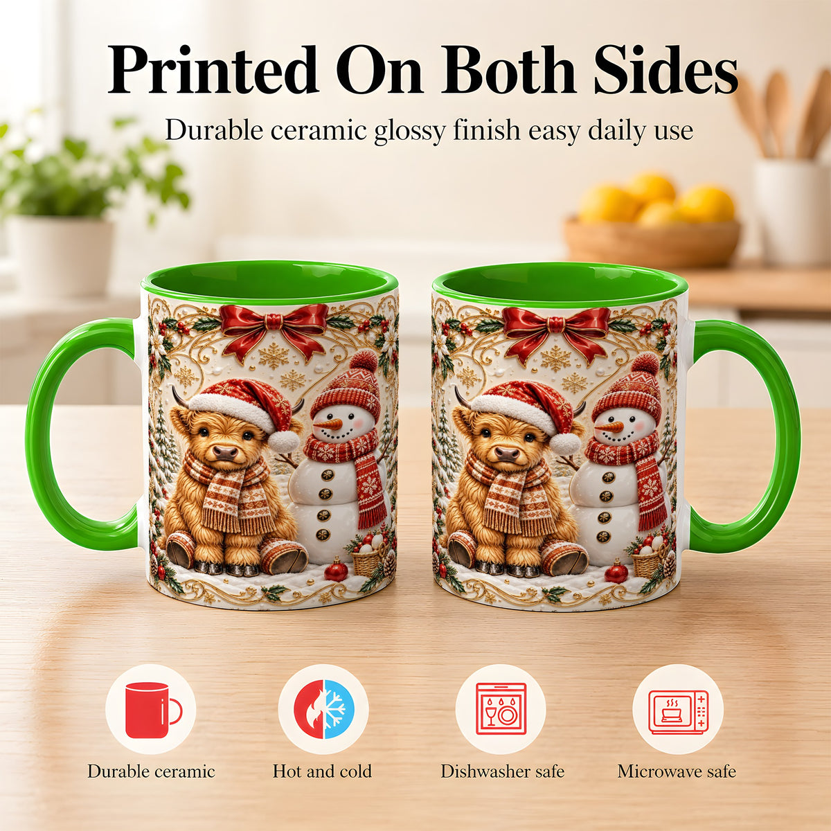 #pl[11oz|Green] Christmas Highland Cow Coffee Mug, Snowman Mug, Ceramic Cup