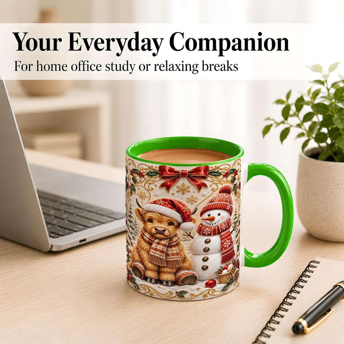 #pl[11oz|Green] Christmas Highland Cow Coffee Mug, Snowman Mug, Ceramic Cup
