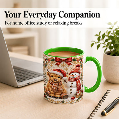 #pl[11oz|Green] Christmas Highland Cow Coffee Mug, Snowman Mug, Ceramic Cup