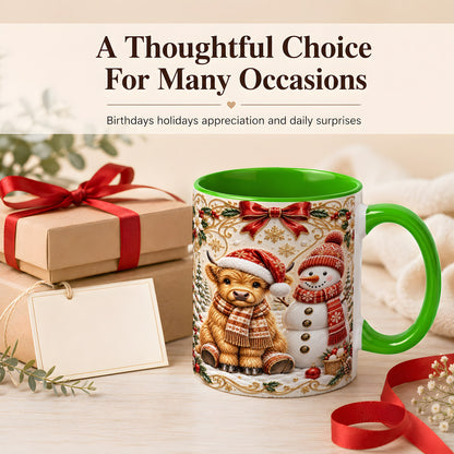 #pl[11oz|Green] Christmas Highland Cow Coffee Mug, Snowman Mug, Ceramic Cup