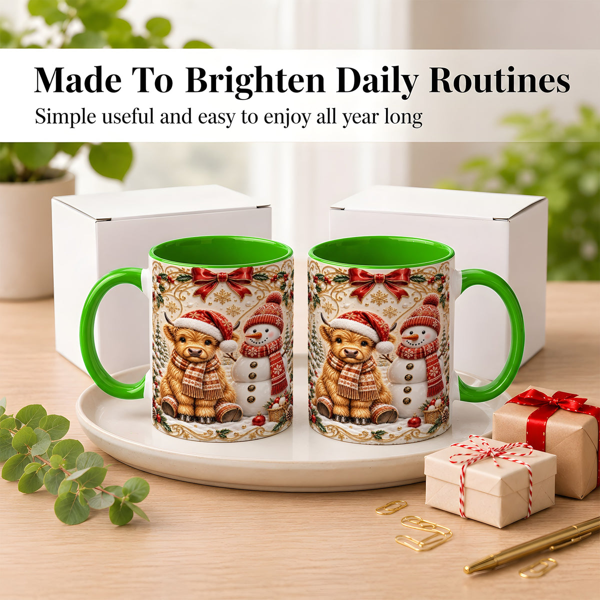 #pl[11oz|Green] Christmas Highland Cow Coffee Mug, Snowman Mug, Ceramic Cup