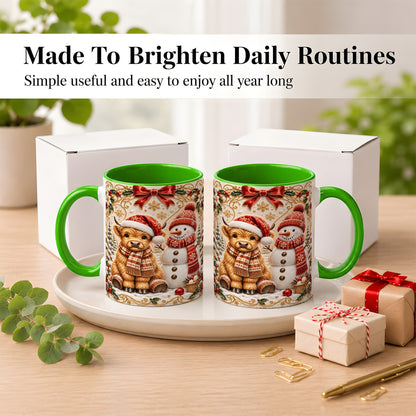 #pl[11oz|Green] Christmas Highland Cow Coffee Mug, Snowman Mug, Ceramic Cup