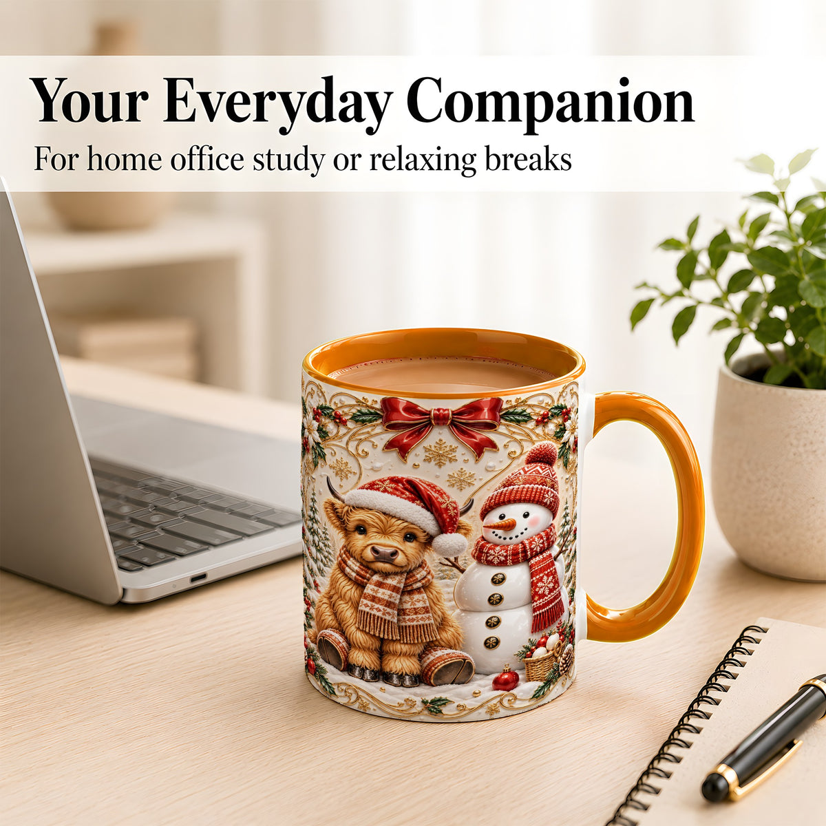 #pl[11oz|Orange] Christmas Highland Cow Coffee Mug, Snowman Mug, Ceramic Cup