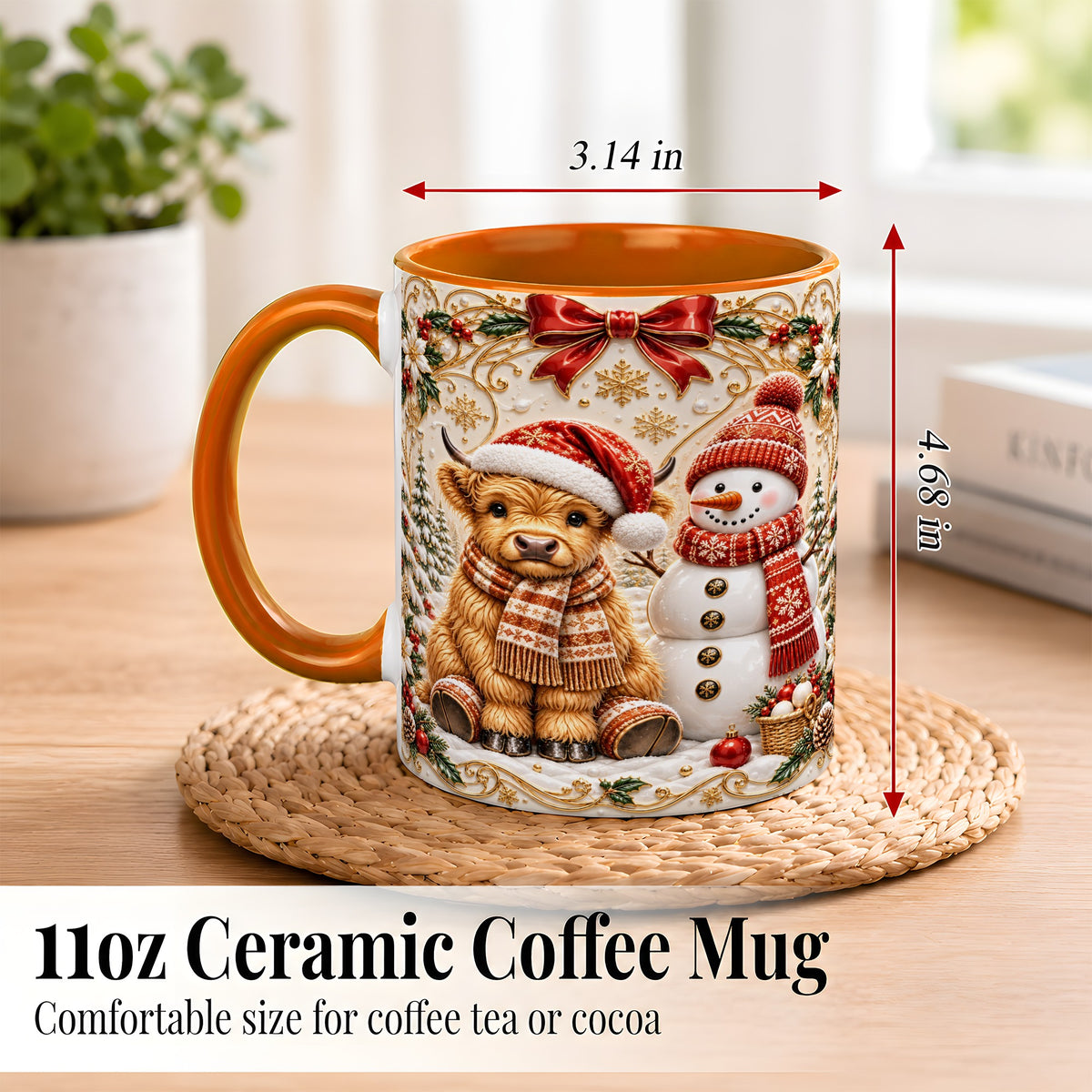#pl[11oz|Orange] Christmas Highland Cow Coffee Mug, Snowman Mug, Ceramic Cup
